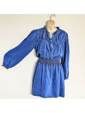Rails Smocked Denim Puff Sleeve Mini Dress Coastal Cowgirl Boho Cottagecore Sz L